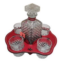 Load image into Gallery viewer, 5 PIECE VERMONT CUT GLASS DECANTER WHISKEY SET WITH LEATHER HOLDER
