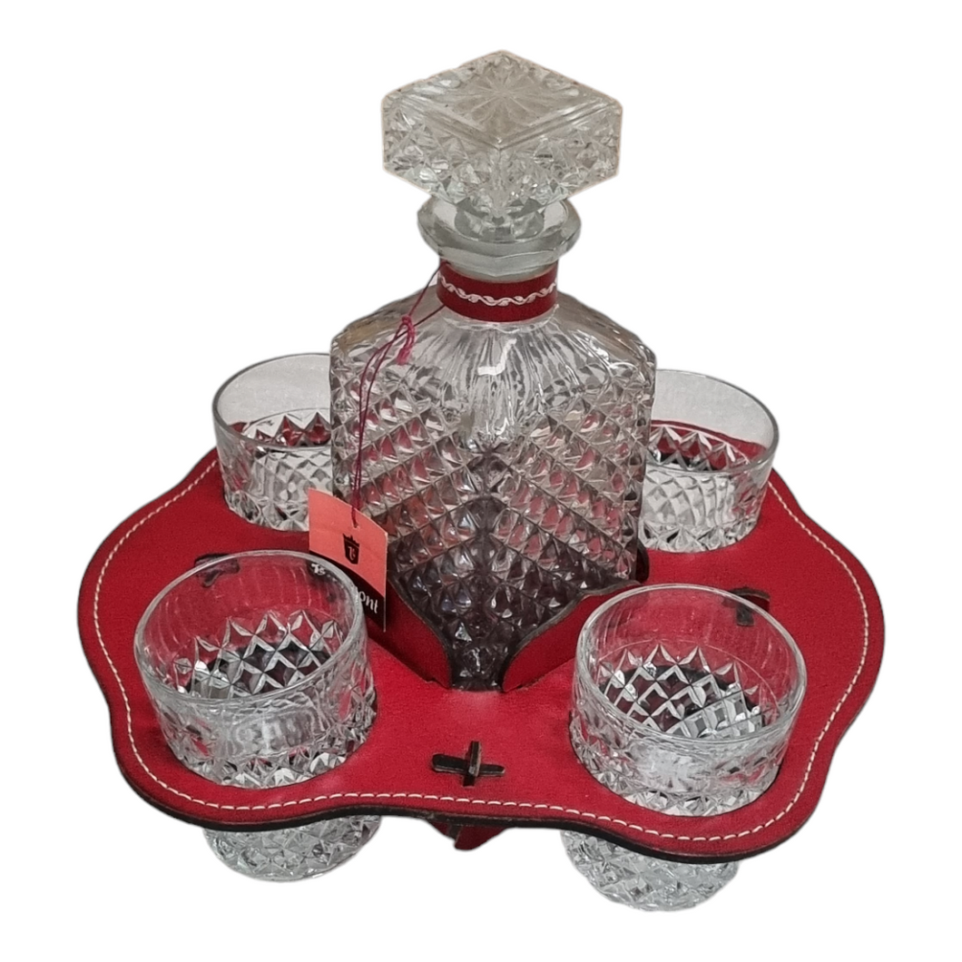 5 PIECE VERMONT CUT GLASS DECANTER WHISKEY SET WITH LEATHER HOLDER