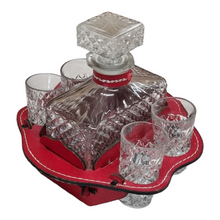 Load image into Gallery viewer, 5 PIECE VERMONT CUT GLASS DECANTER SHERRY SET WITH LEATHER HOLDER
